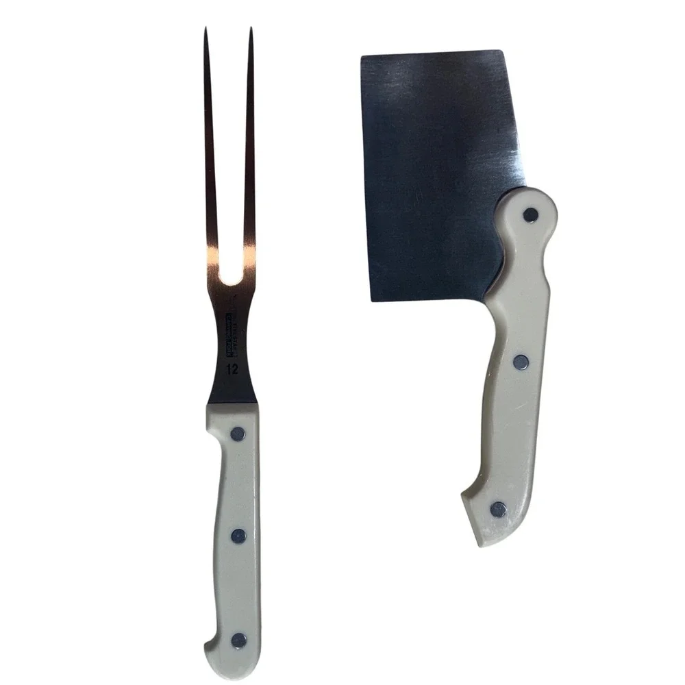 Five Star Vintage Carving Set Meat Cleaver and Fork Cream Ivory Handles 2pc